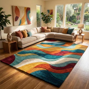 May include: A vibrant area rug featuring a flowing, wave-like design in teal, orange, yellow, red, and white. The rug is positioned on a wooden floor in a living room, enhancing the neutral sofa and decorative cushions.