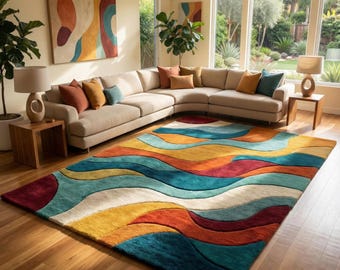 Tapis en laine touffeté main, vagues abstraites - Rouille bleu sarcelle moutarde - Tapis Mid-Century