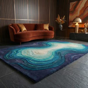 Hand Tufted Blue Abstract Rug, Modern Contour Area Rug, Luxury Wool Carpet, Artistic Wave Rug, Contemporary Statement Rug, Custom Size Rug image 2