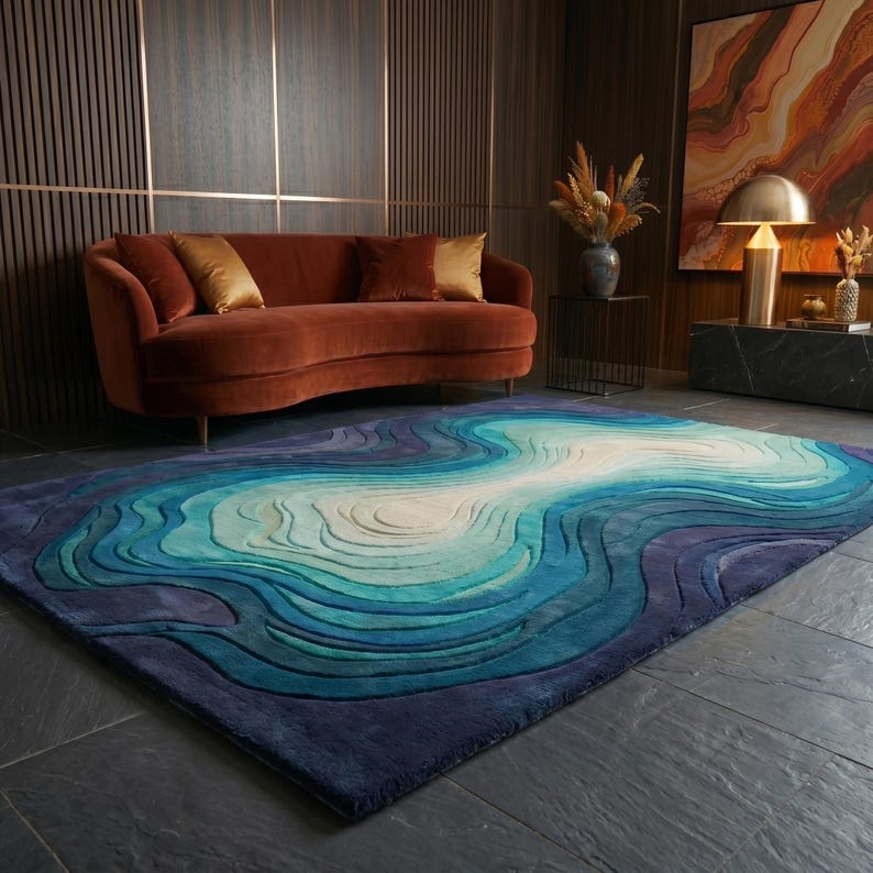 Hand Tufted Blue Abstract Rug, Modern Contour Area Rug, Luxury Wool Carpet, Artistic Wave Rug, Contemporary Statement Rug, Custom Size Rug image 2