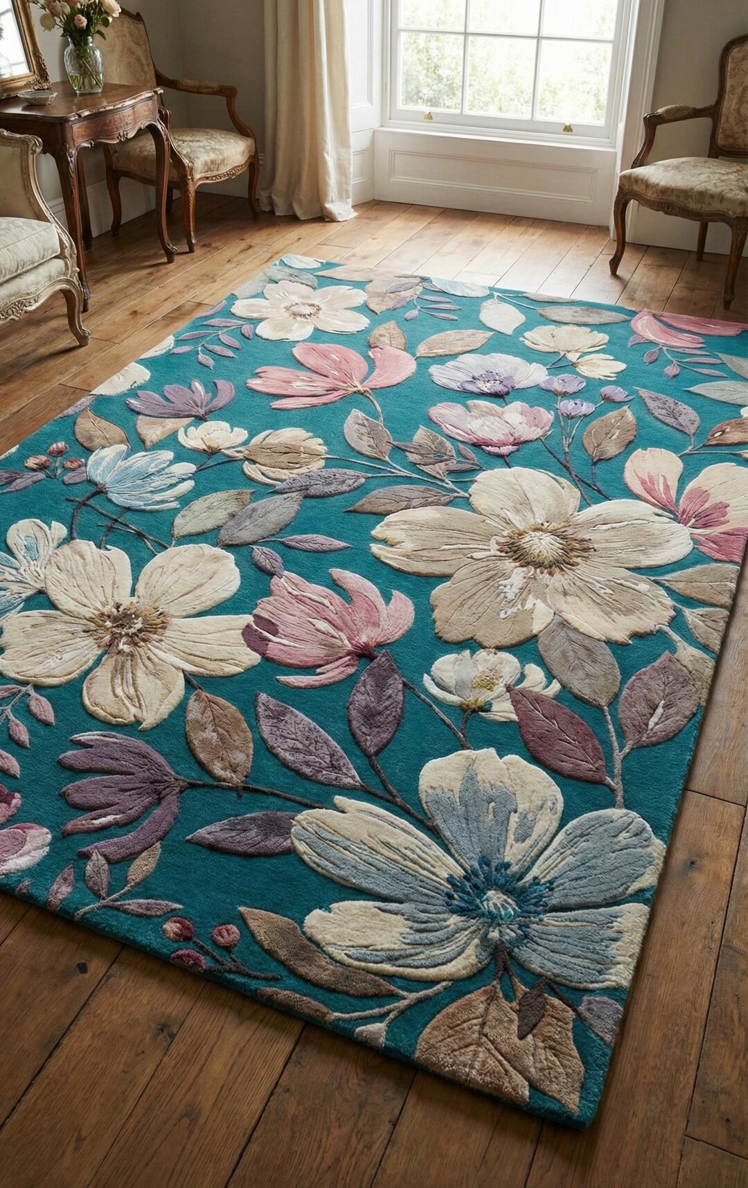 Handmade Floral Area Rug, Blue Flower Wool Carpet, Botanical Living ...