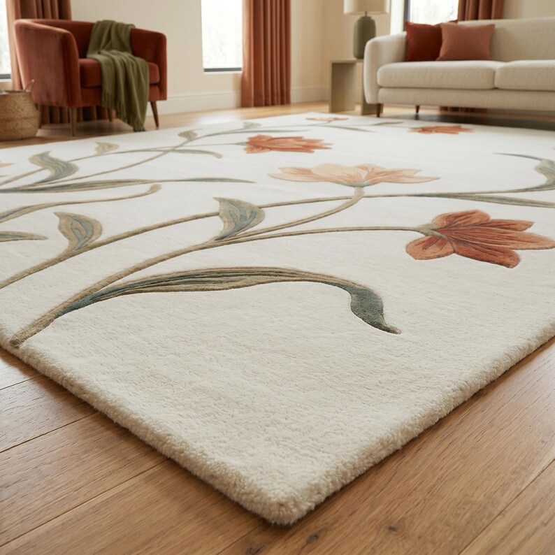 May include: A rectangular area rug with an off-white base color featuring a large-scale floral pattern. The design includes stylized orange and peach-toned blossoms with long, sweeping green and brown stems and leaves across the surface.