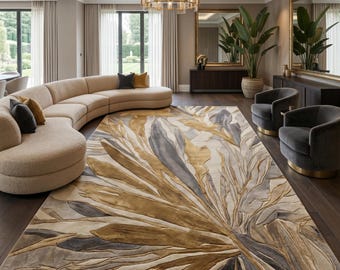 Hand Tufted Abstract Rug, Botanical Area Rug, Leaf Design in Beige, Gold & Grey, Luxury Wool Living Room Rug, Premium wool Carpet