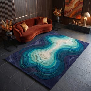 Hand Tufted Blue Abstract Rug, Modern Contour Area Rug, Luxury Wool Carpet, Artistic Wave Rug, Contemporary Statement Rug, Custom Size Rug Ocean Blue