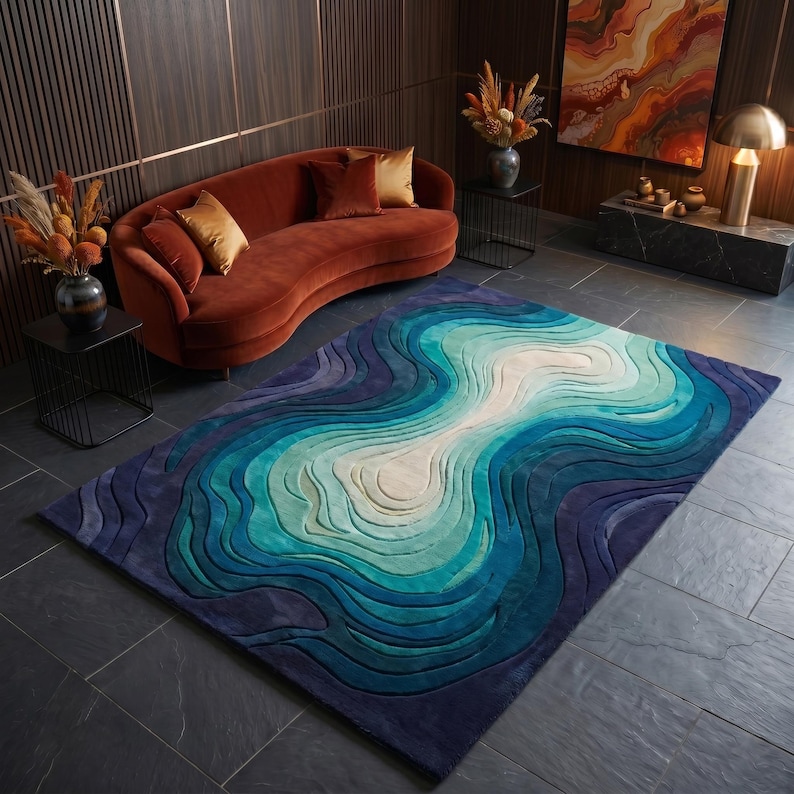 Hand Tufted Blue Abstract Rug, Modern Contour Area Rug, Luxury Wool Carpet, Artistic Wave Rug, Contemporary Statement Rug, Custom Size Rug Ocean Blue