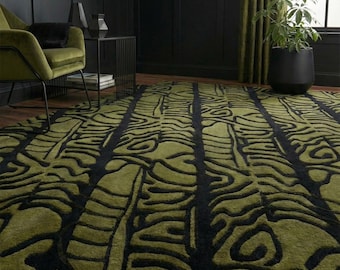 Green Leaf Area Rug, Botanical Pattern Rug in Olive and Black, Modern Textured Rug for Living Room Bedroom