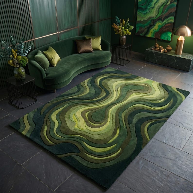 Hand Tufted Blue Abstract Rug, Modern Contour Area Rug, Luxury Wool Carpet, Artistic Wave Rug, Contemporary Statement Rug, Custom Size Rug Forest Green