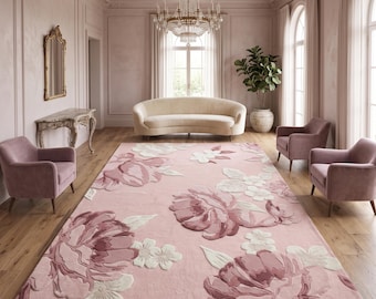 Alfombra floral rosa ruborizado, elegante alfombra con estampado de rosas, alfombra romántica para sala de estar hecha a mano, alfombra de lana de primera calidad