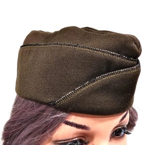 Vintage Wool Elastique Garrison Cap Flat Hat Olive-Drab Dark 1940s Military QMC 8-171 PQD 100 Officer's Men Army WWII Collectable