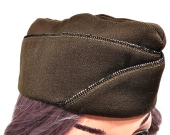 Vintage Wool Elastique Garrison Cap Flat Hat Olive-Drab Dark 1940s Military QMC 8-171 PQD 100 Officer's Men Army WWII Collectable