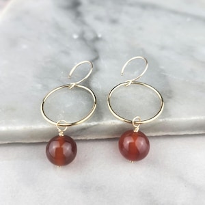 Dangle Hoop Earrings Real Red Carnelian Gemstone Crystal Yellow Gold Handmade Statement Earrings Mother&#39;s Day gift Graduation