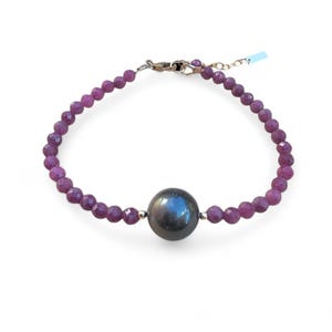 Tahitian Pearl Bracelet  Real Ruby Gemstone Crystal Stacking Layering Bracelet Beaded Black Handmade Unique Gift Boho Jewelry Birthstone