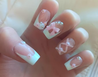Pink coquette nails | ballerina criss cross design | french tips | flower charms | 3d bow and pearls