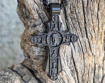 Collar con cruz ortodoxa de ébano: plata de ley, cordón de seda