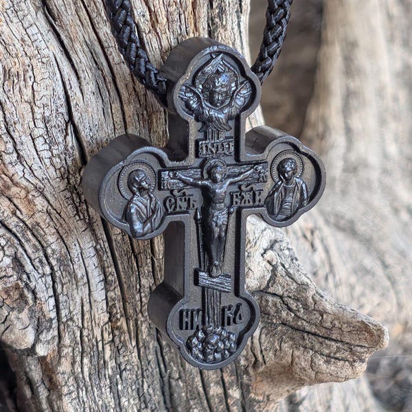 Hand Carved Ebony Orthodox Cross: Sterling Silver Silk Cord Necklace