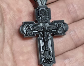 Collar con cruz ortodoxa de ébano: plata de ley, cordón de seda