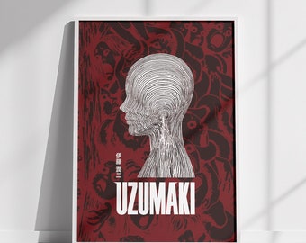 Op de afbeelding: Een rode en witte poster met een gestileerde illustratie van een menselijk hoofd met een draaiend patroon. De tekst "UZUMAKI" is in wit op de poster gedrukt.