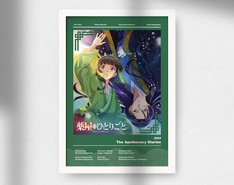 May include: A framed poster featuring anime-style artwork. The poster has a green and white border and displays two characters, one in green robes and the other in blue. The title "The Apothecary Diaries" is visible, along with Japanese text.