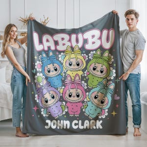 Personalized Blanket With Labubu Theme, Blue Cozy Throw for Nursery Gift, Pink Color Kids Blanket For Girls,Christmas Family Gift