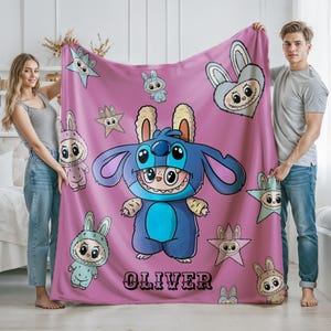 Personalized Blanket With Labubu Theme, Blue Cozy Throw for Nursery Gift, Pink Color Kids Blanket For Girls,Christmas Family Gift