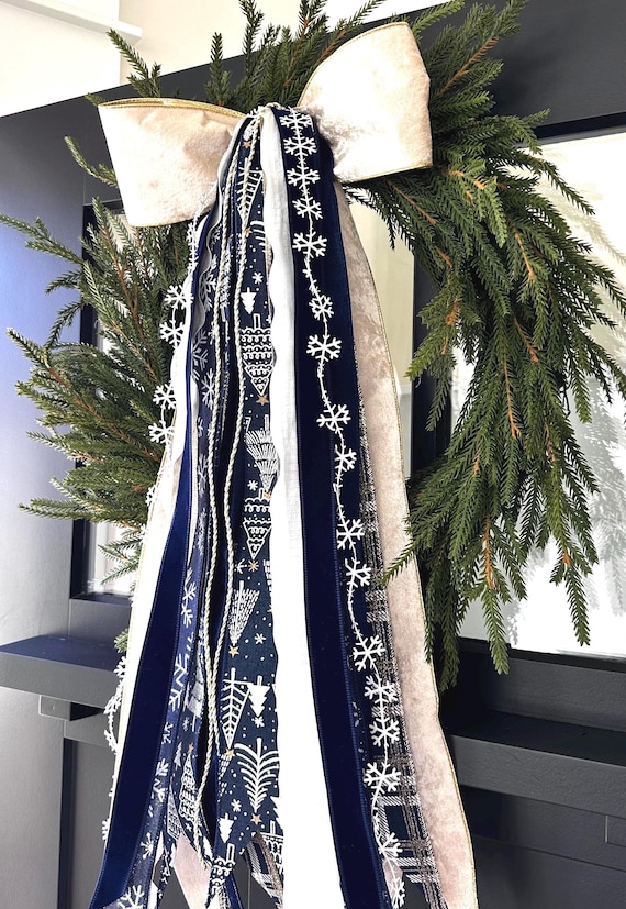 Blue Christmas Ribbon Bundle Set Wreath Decor with a clip and 4" Bow- 25"  long