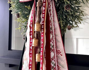 Evergreen Noel Christmas Ribbon Bundle Set with Golden Bells Wreath Bow with clip- 24" long