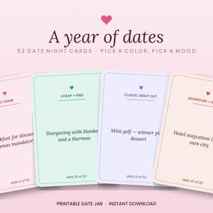 May include: A set of 52 date night cards titled A year of dates, featuring four pastel-colored cards in pink, mint, lavender, and cream. Each card displays a category, a date activity, a heart icon, and a specific date number out of 52.