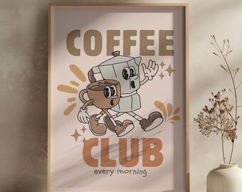 Retro Coffee Club Print Coffee Wall Art Coffee Station Wall Poster Coffee Quote Kitchen Wall Art Cute Trendy Cafe Art Bar Cart Print