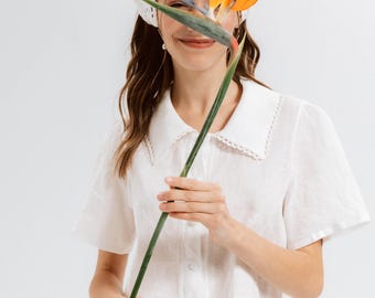 Blusa de lino bordada, camisa forrada de algodón, top con cuello de ganchillo, hecha a mano, hecha por encargo.