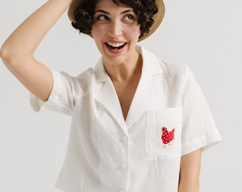 Blusa de lino blanca, camisa bordada a mano, top minimalista de verano, ropa transpirable, envío desde EE. UU.
