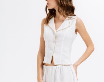 Linen Vest, Hand Embroidered Waistcoat, Cotton Lined, Handmade, Made to Order