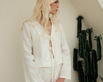 Raw Linen Blouse – Natural Button Front Minimalist Top