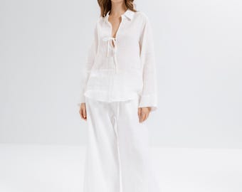 Linen Blouse, Tie Front Shirt, Loose Fit Linen Top, Handmade, Made to Order
