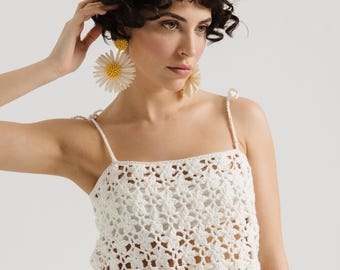 Nachhaltige handgefertigte Baumwollhäkeln Crop Top: Umweltfreundliche Boho-Sommerbluse in Weiß