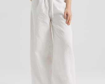 Linen Drawstring Pants, Cotton Lined Tie Waist Trousers