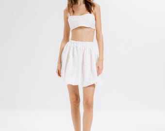 Linen Balloon Skirt, Cotton Lined Mini, Elastic Waist Summer Piece, Handmade, Made to Order