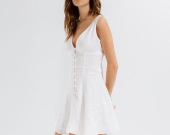 Linen Dress, Cotton Lined Summer Outfit, Buttoned Midi Dress, Handmade, Made to Order