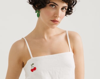 Cherry Embroidered Linen Blouse, Cotton Lined, Handmade Linen Top, Made to Order