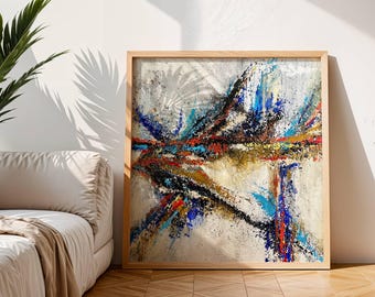 May include: Abstract painting in a natural wood frame. The artwork features a textured, off-white background with bold strokes of blue, red, black, and gold. The composition is dynamic and energetic, with a modern aesthetic.
