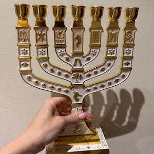 7 Brunches Menorah Enamel metal Modern Menorah 7 branch Jerusalem design Judaica symbol gift from Israel  27 cm and  17 cm , מנורה מירושלים