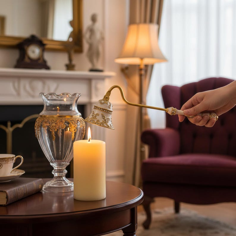 Royal White & Gold Candle Snuffer – Long-Handle Brass Extinguisher, Victorian Style Candle Snuffer Cloisonne
