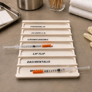 May include: A white plastic organizer tray with seven horizontal slots labeled with black text: FRONTALIS, GLARELLA, CROWS/BROWS, [BLANK], LIP FLIP, DAO/MENTALIS, and MASSETER. Two clear plastic syringes with orange caps are placed across the tray.