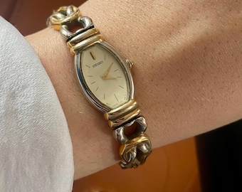 Vintage Seiko Ladies Bracelet Watch, 1980s Gold & Silver Tone Chain Strap