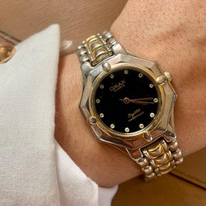 Exquisite Vintage 80s Silver Black Crystal Dial Octagonal Design Japan Quartz Movement Stainless Steel Ladies Waterproof Wrist Watch By Omax