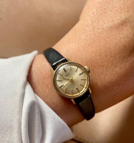Vintage 1970s Dugena Automatic Ladies Watch, Gold Plated, Black Leather Strap