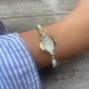 Vintage 90s Quartz Movement  Ladies Dress Watch With Gold Marquise Bezel Dial Gold Gemstone Dainty Bracelet By MA Quartz