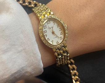 Vintage 90s Sole Swiss Quartz Gold Plated Cubic Zirconia Ladies Watch