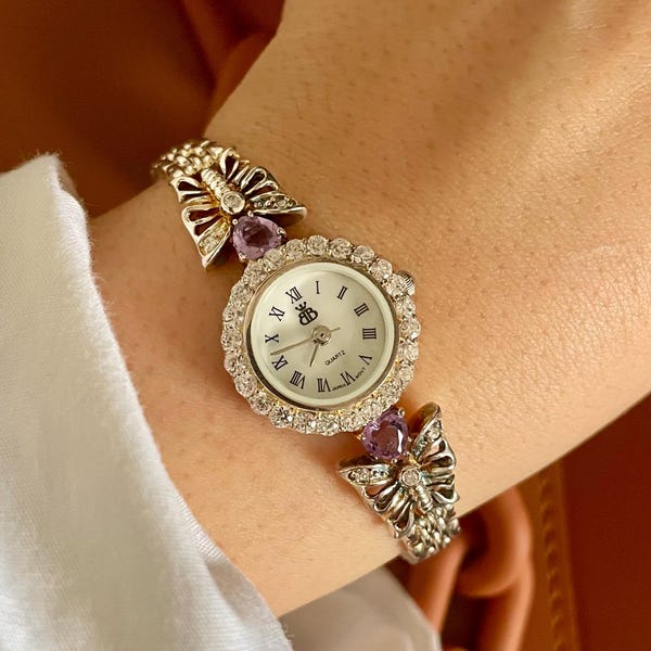 Exquisite Rare Vintage 00s Brooks & Bentley Stirling Silver Butterfly Gemstone Cocktail Ladies Wristwatch