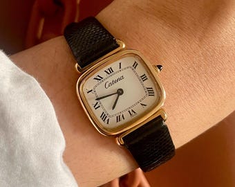 Rare Vintage 70s Catena 18K Gold Stamped Swiss Mechanical Leather Strap Ladies Wristwatch