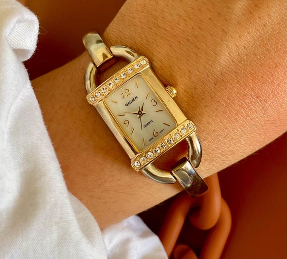 Vintage 90s Gruen Quartz Gold Plated Tank Style Crystal Set Dial Cocktail Bangle Bracelet Ladies Wristwatch